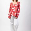 Femme Coton Du Monde | Top Manches Longues En Viscose Cassiopee Motif Fleuri Lumineux Rouge Bouquet Rouge