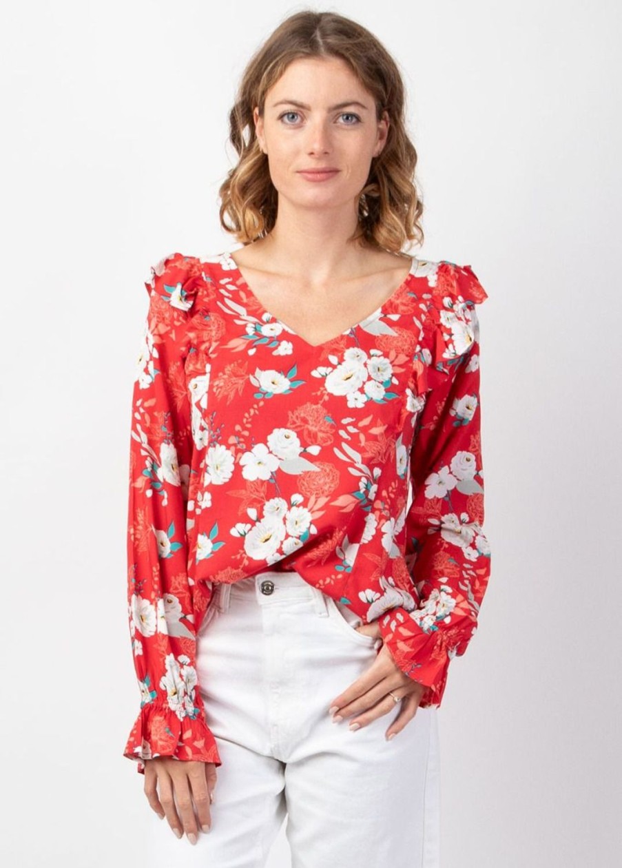 Femme Coton Du Monde | Top Manches Longues En Viscose Cassiopee Motif Fleuri Lumineux Rouge Bouquet Rouge