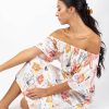 Femme Coton Du Monde | Robe Longue Chic Dalia Col Bardot Imprime Fleuri Blanc Althea