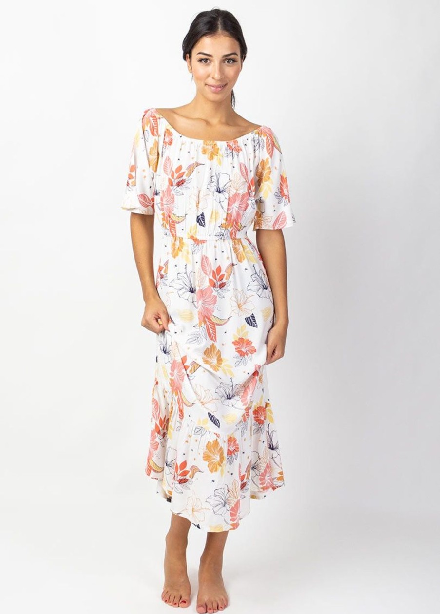 Femme Coton Du Monde | Robe Longue Chic Dalia Col Bardot Imprime Fleuri Blanc Althea