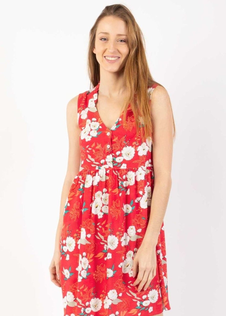 Femme Coton Du Monde | Robe Courte Babydoll Alexa Imprime Fleuri Rouge Bouquet Rouge