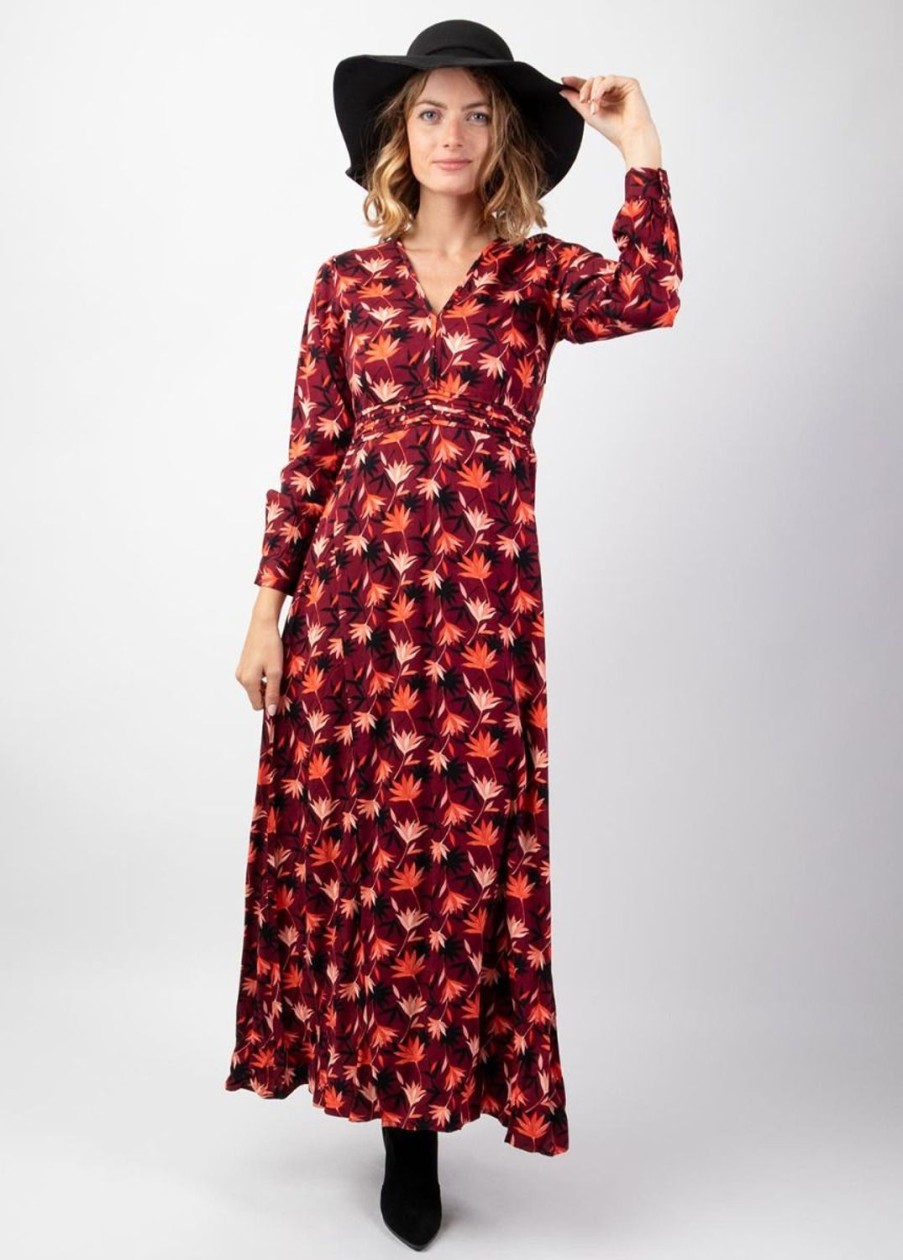 Femme Coton Du Monde | Robe Longue Fendue En Viscose Soyeux Hiver Calissa Motif Boheme Colchique