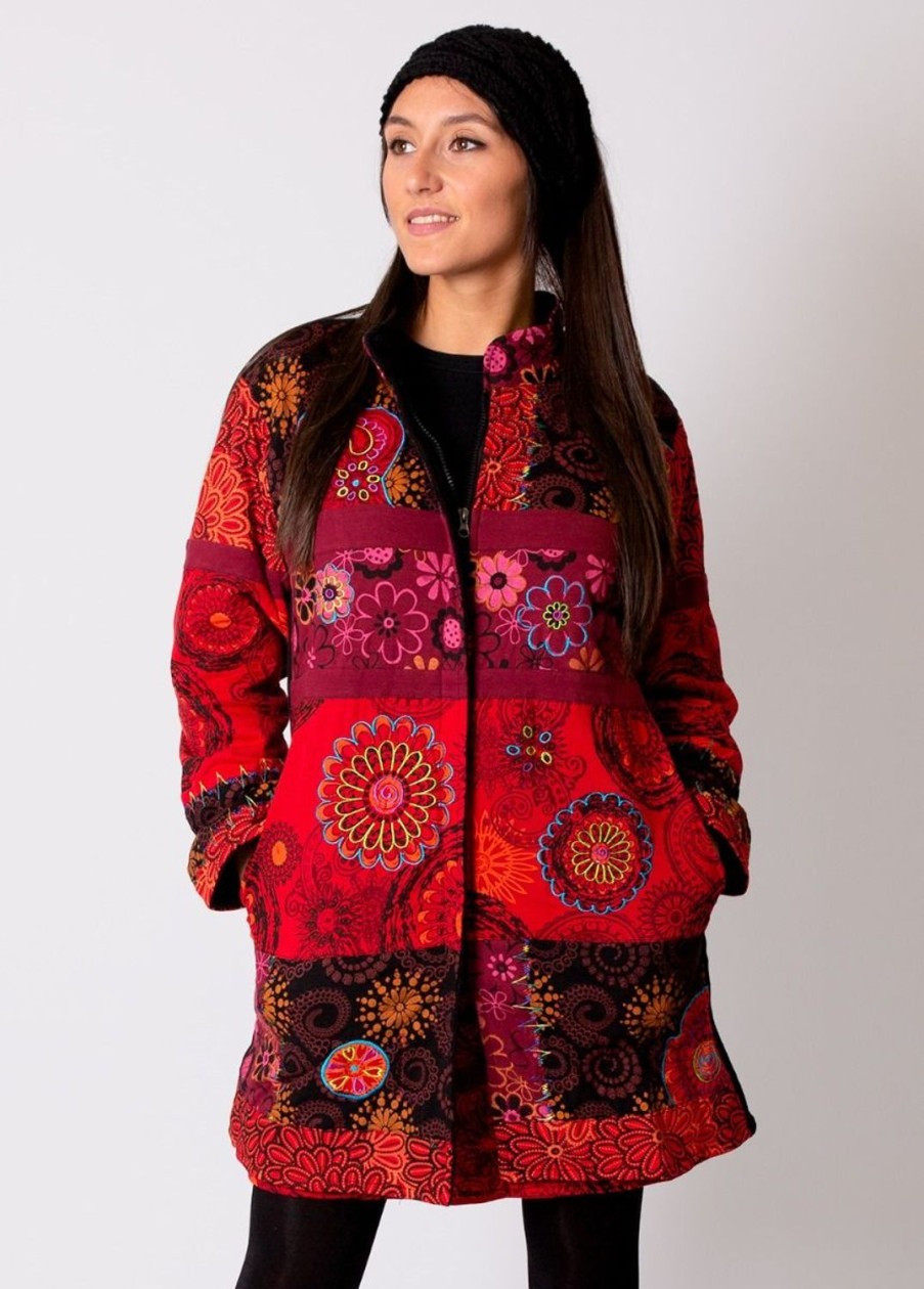 Femme Coton Du Monde | Manteau Double Polaire Kwango Ethnique Rouge