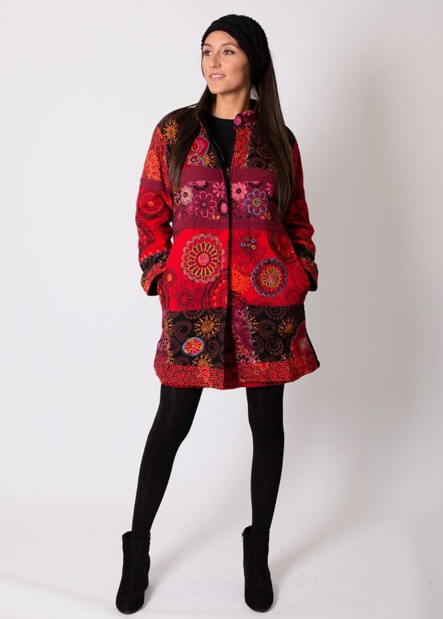 Femme Coton Du Monde | Manteau Double Polaire Kwango Ethnique Rouge