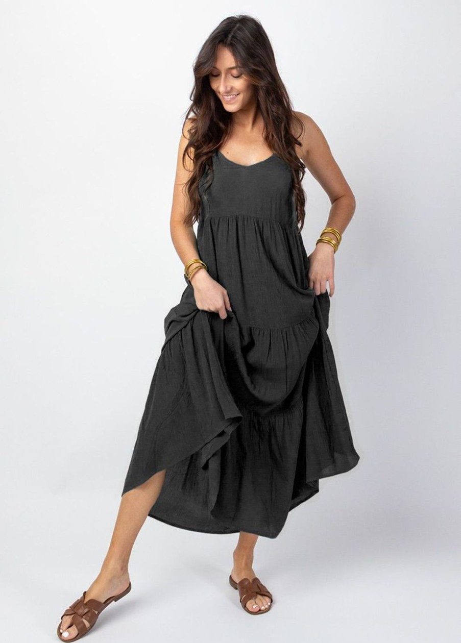 Femme Coton Du Monde | Robe Longue Unie Fines Bretelles Torsadees Monica E Noir