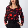 Femme Coton Du Monde | Top En Coton Col Rond Suman Imprime Fleuri Rouge Red Roses