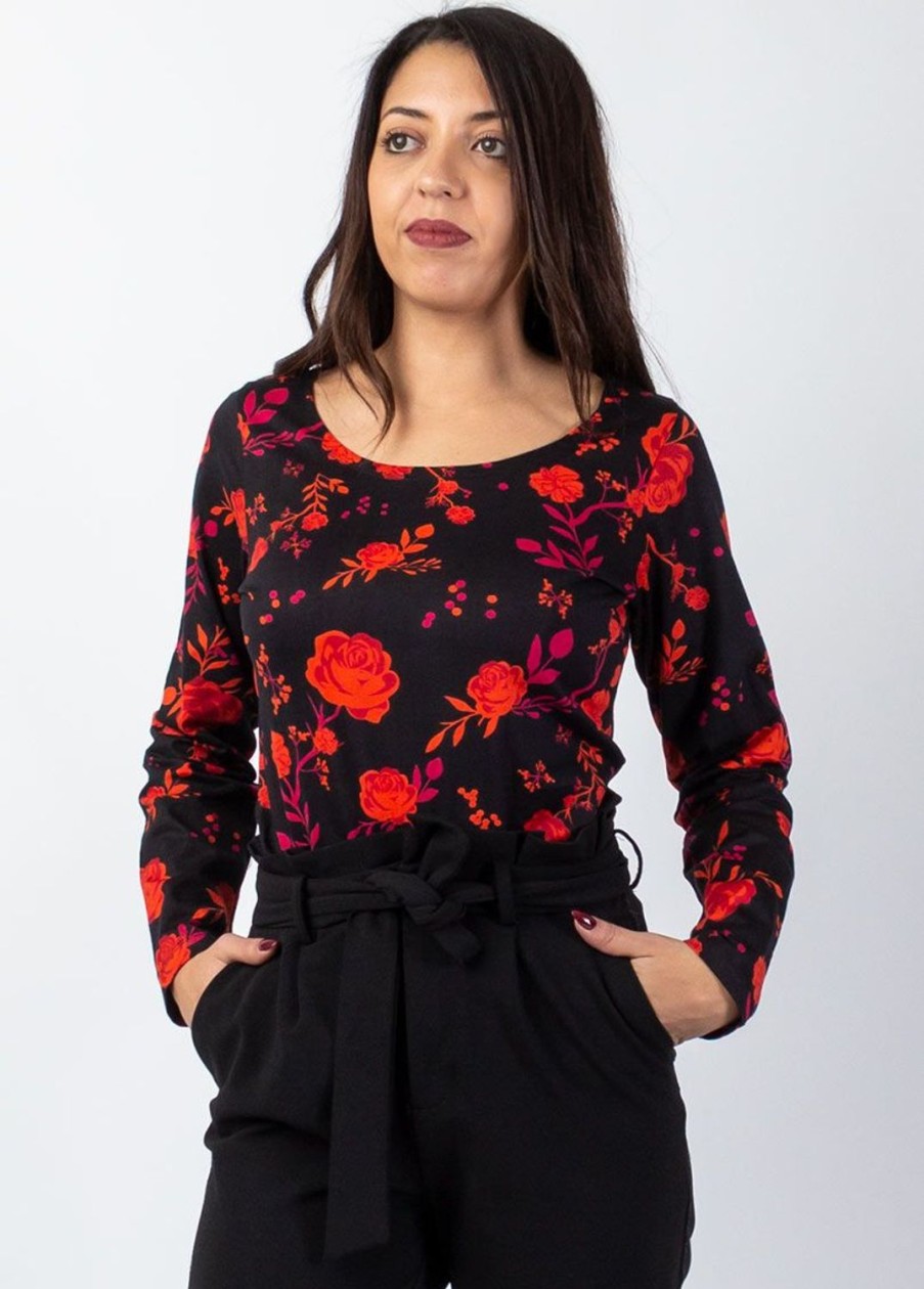 Femme Coton Du Monde | Top En Coton Col Rond Suman Imprime Fleuri Rouge Red Roses