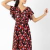 Femme Coton Du Monde | Robe Longue A Volants Kendra Imprime Fleurs De Cerisier Noir Cherry Noir