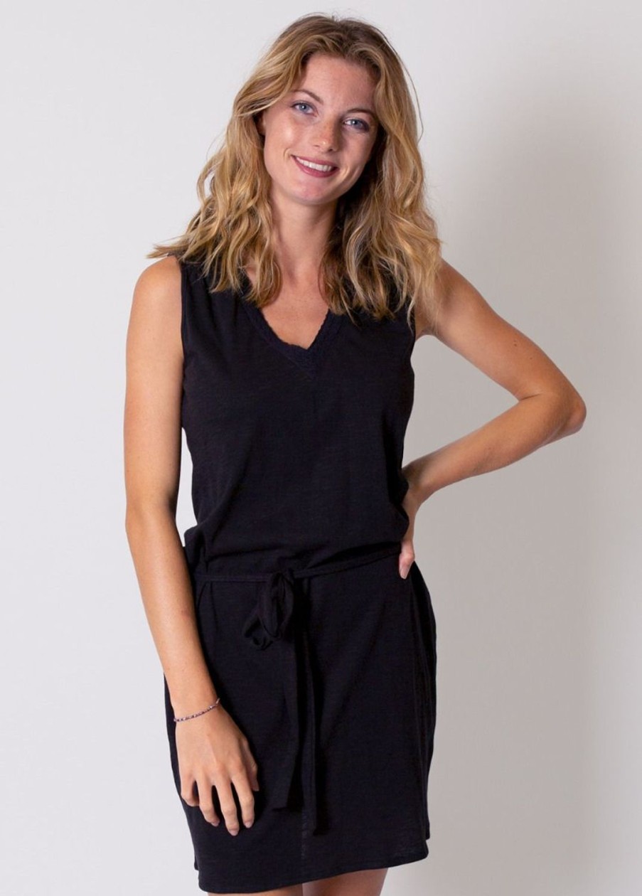 Femme Coton Du Monde | Robe Courte En Coton Col V Eline E Noir