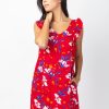 Femme Coton Du Monde | Robe Courte Sans Manches Volantees Zola Rouge Petale