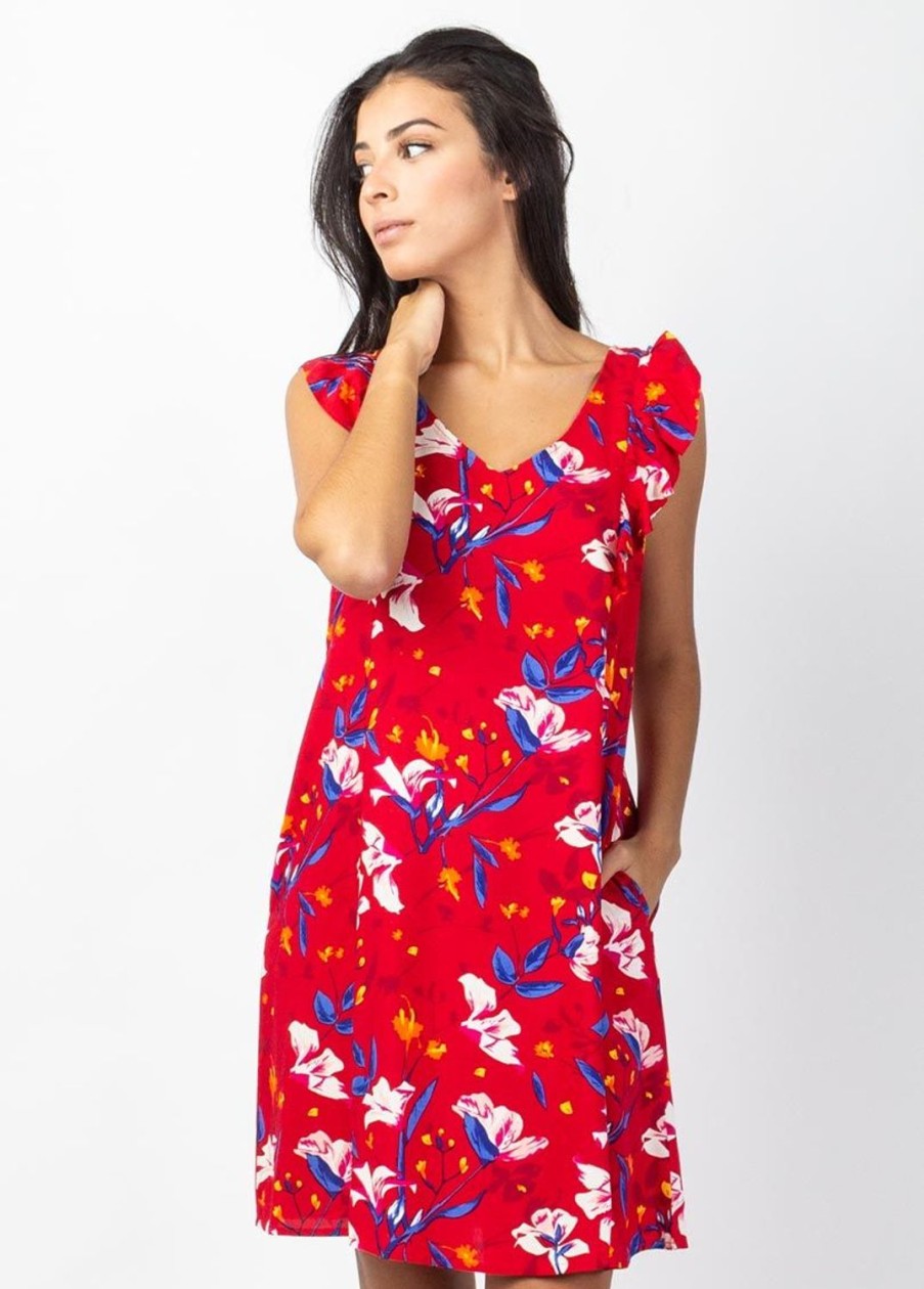 Femme Coton Du Monde | Robe Courte Sans Manches Volantees Zola Rouge Petale