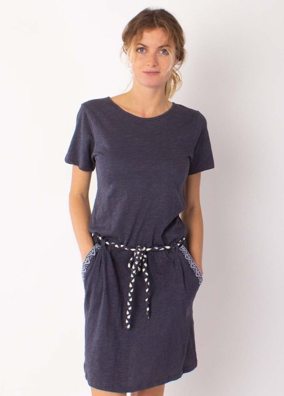 Femme Coton Du Monde | Robe Courte Casual En Coton Sixtine Ethnique Gris Bleu Anthracite