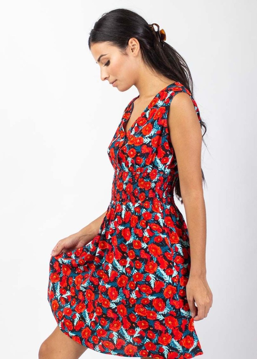 Femme Coton Du Monde | Robe Courte Larges Bretelles Livia Imprime Poppies