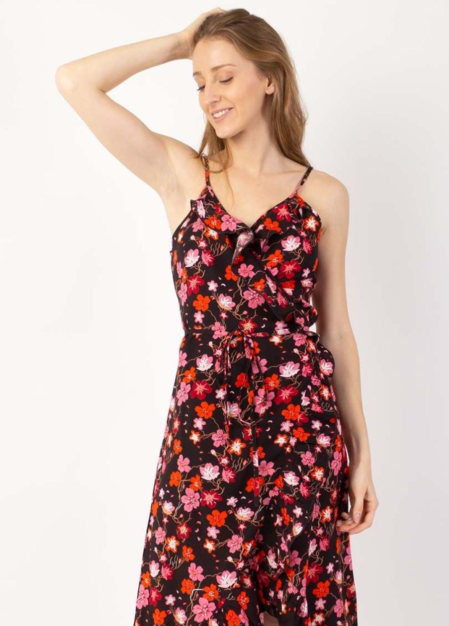 Femme Coton Du Monde | Robe Longue Fines Bretelles Sacha Imprime Fleurs De Cerisiers Noir Cherry Noir