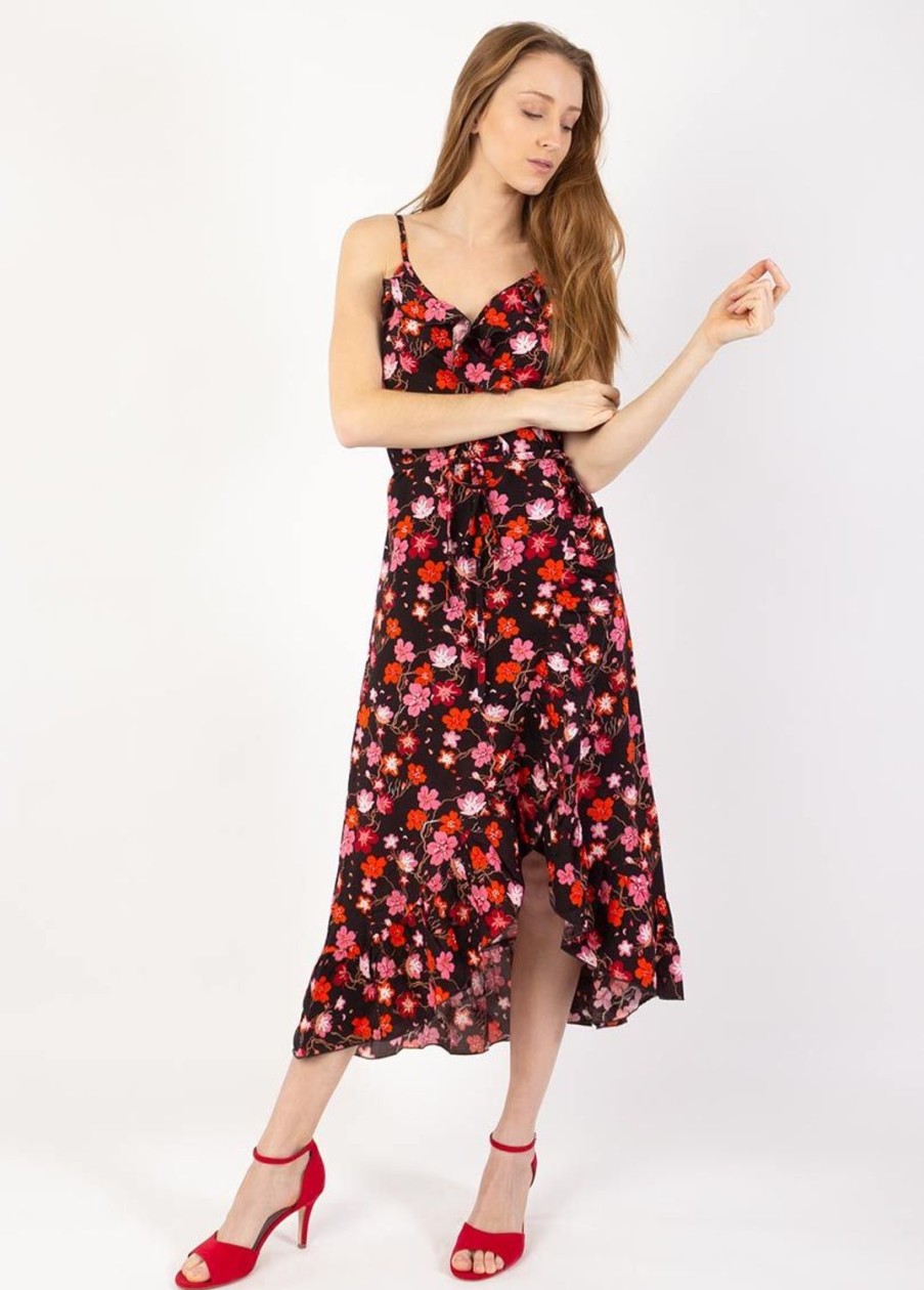 Femme Coton Du Monde | Robe Longue Fines Bretelles Sacha Imprime Fleurs De Cerisiers Noir Cherry Noir