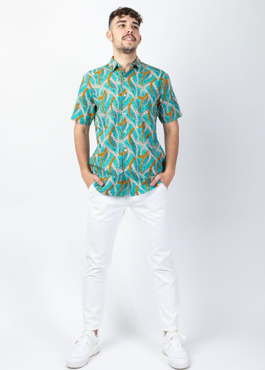 Homme Coton Du Monde | Chemise Homme Manches Courtes Lorenzo Imprime Ethnique Bleu Savane Bleu