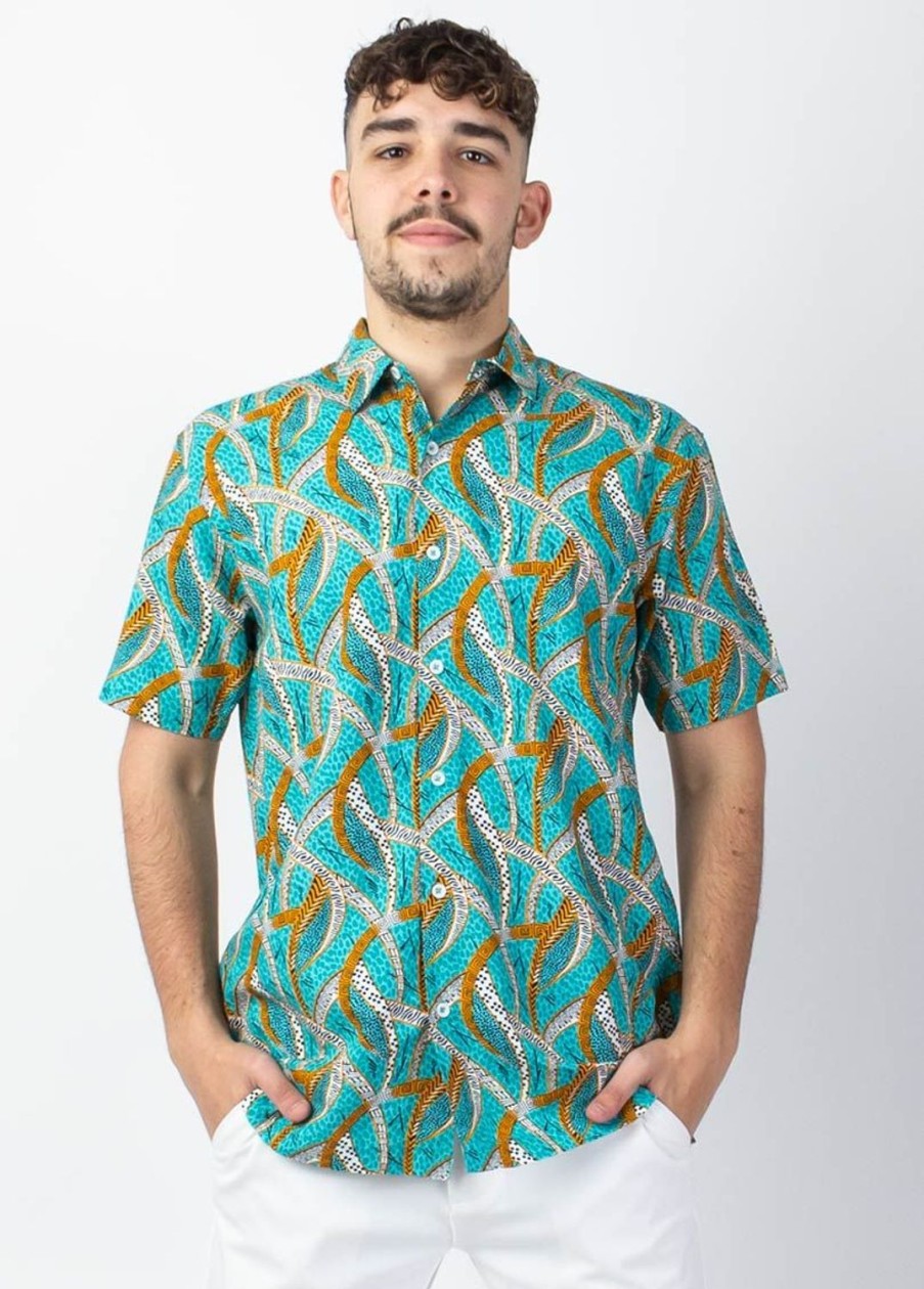 Homme Coton Du Monde | Chemise Homme Manches Courtes Lorenzo Imprime Ethnique Bleu Savane Bleu