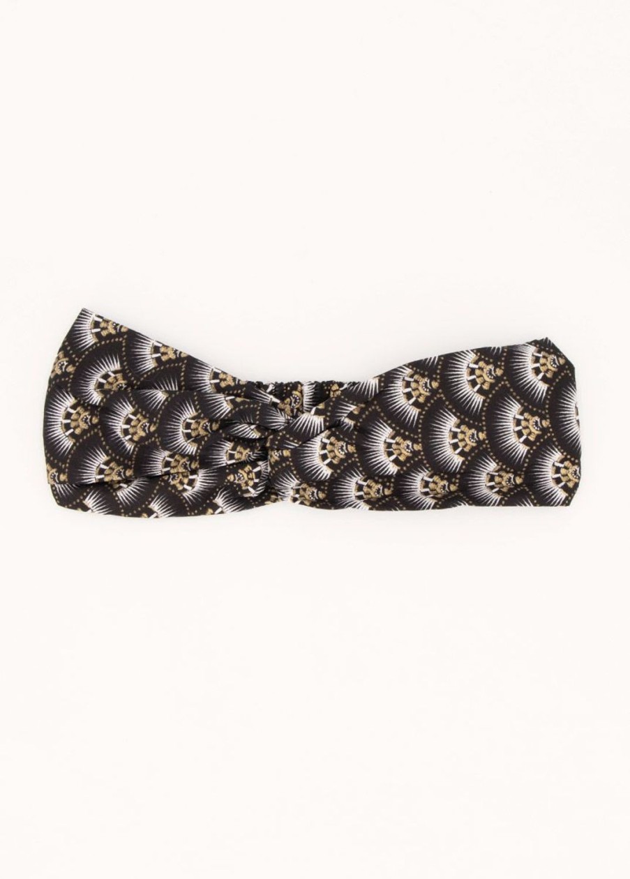 Accessoires Coton Du Monde | Bandeau Africain Noeud Headband Motif Noir Dore 49 Noir