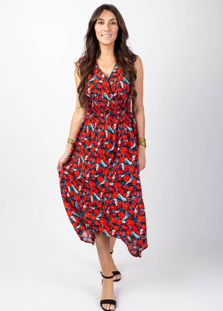 Femme Coton Du Monde | Robe Longue Asymetrique Amelia Imprime Fleuri Poppies