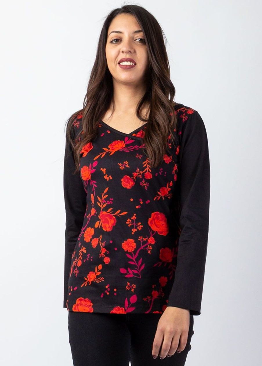 Femme Coton Du Monde | Top Manches Longues En Coton Karan Imprime Roses Red Roses