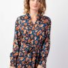 Femme Coton Du Monde | Robe Longue En Viscose Epais Bleu Vaiana Motif Feuillage Automnal Tylia