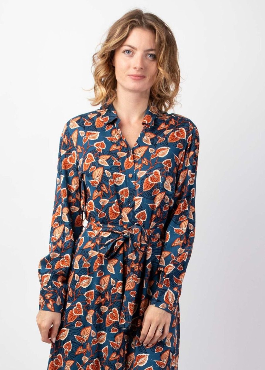 Femme Coton Du Monde | Robe Longue En Viscose Epais Bleu Vaiana Motif Feuillage Automnal Tylia