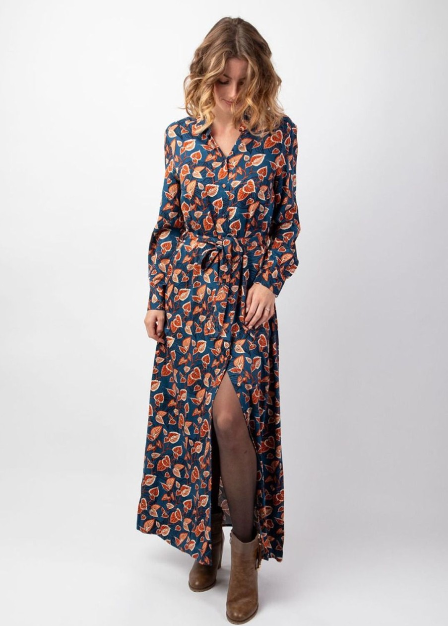 Femme Coton Du Monde | Robe Longue En Viscose Epais Bleu Vaiana Motif Feuillage Automnal Tylia