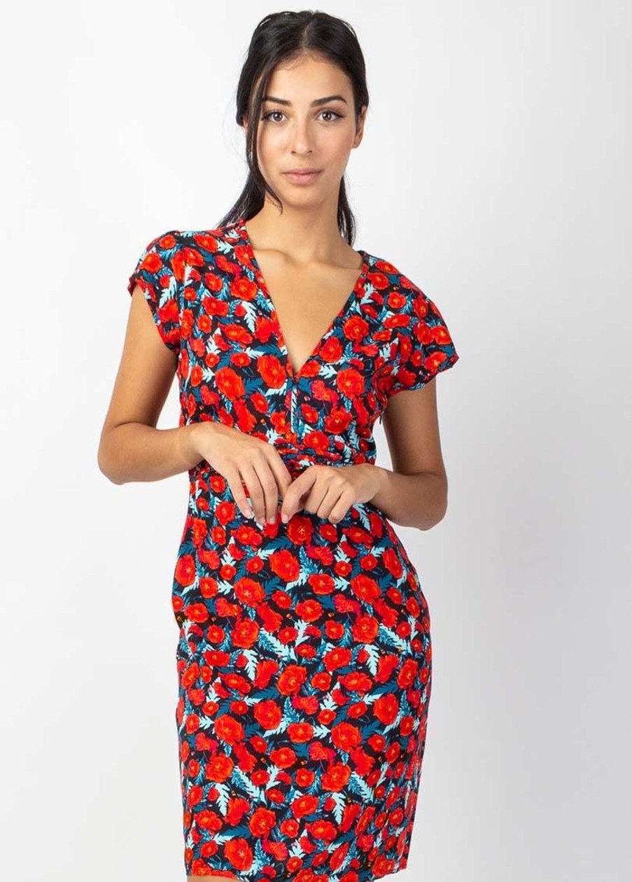 Femme Coton Du Monde | Robe Courte Cintree Tania Imprime Fleuri Rouge Poppies