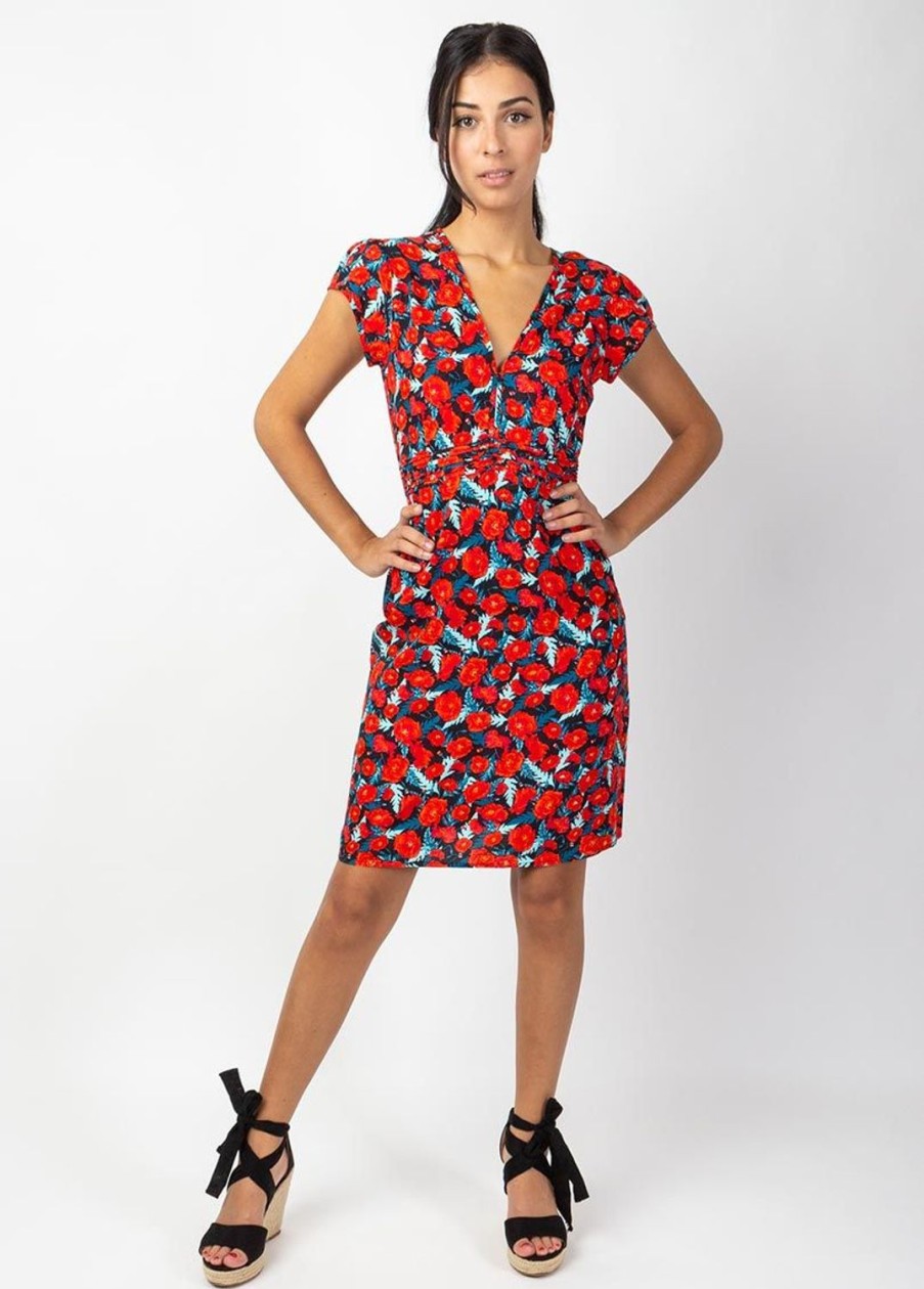 Femme Coton Du Monde | Robe Courte Cintree Tania Imprime Fleuri Rouge Poppies