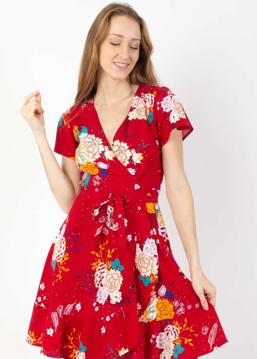 Femme Coton Du Monde | Robe Courte Marika Fluide Cache-Coeur Fleurie Rouge Volupte