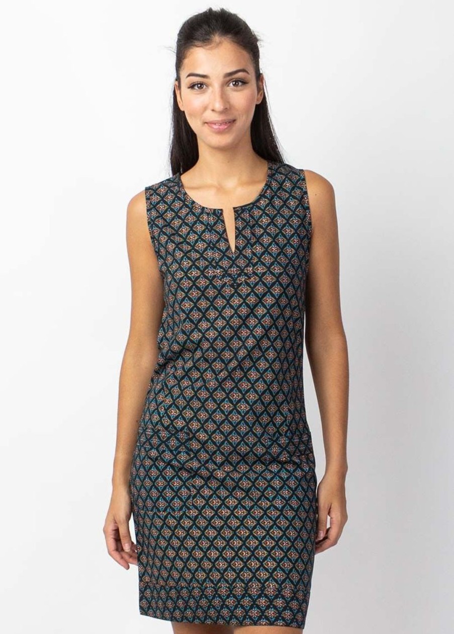 Femme Coton Du Monde | Robe Courte En Coton Marla Sans Manches Imprime Ethnique Noir Aztec