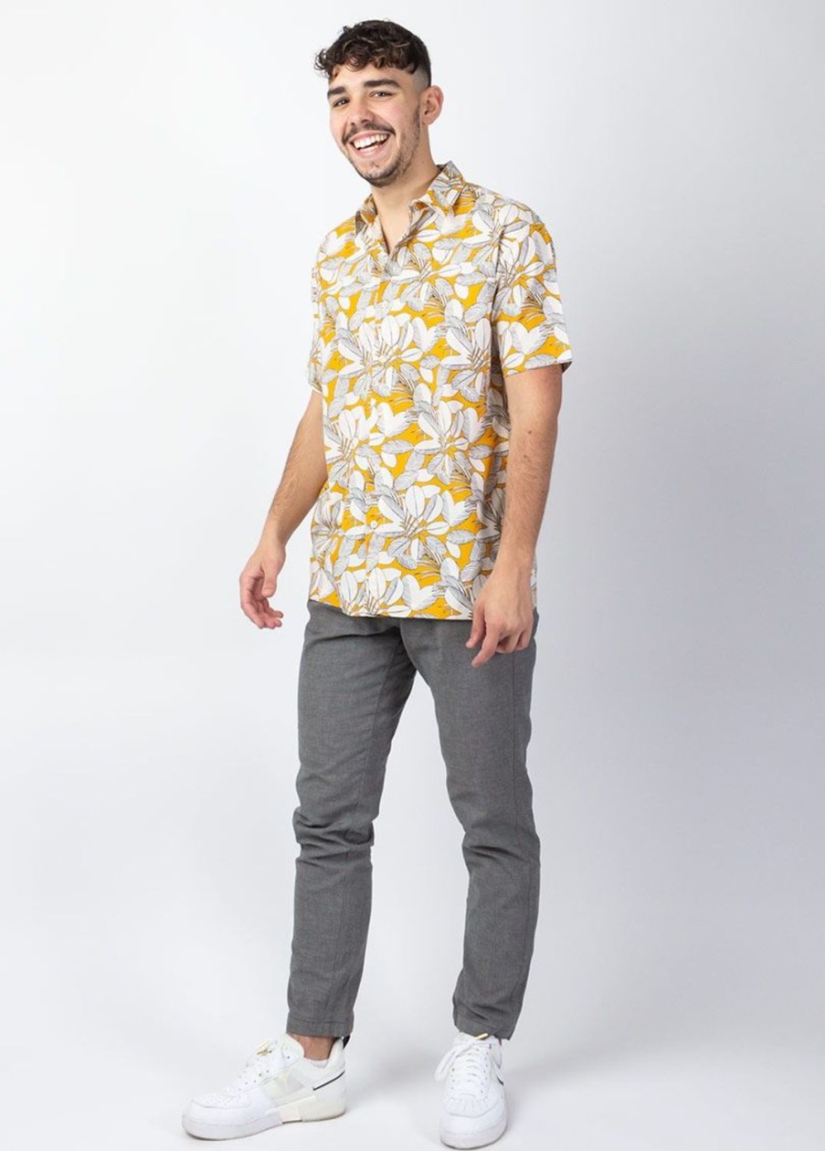 Homme Coton Du Monde | Chemise Homme Manches Courtes Lorenzo Imprime Jungle Jaune