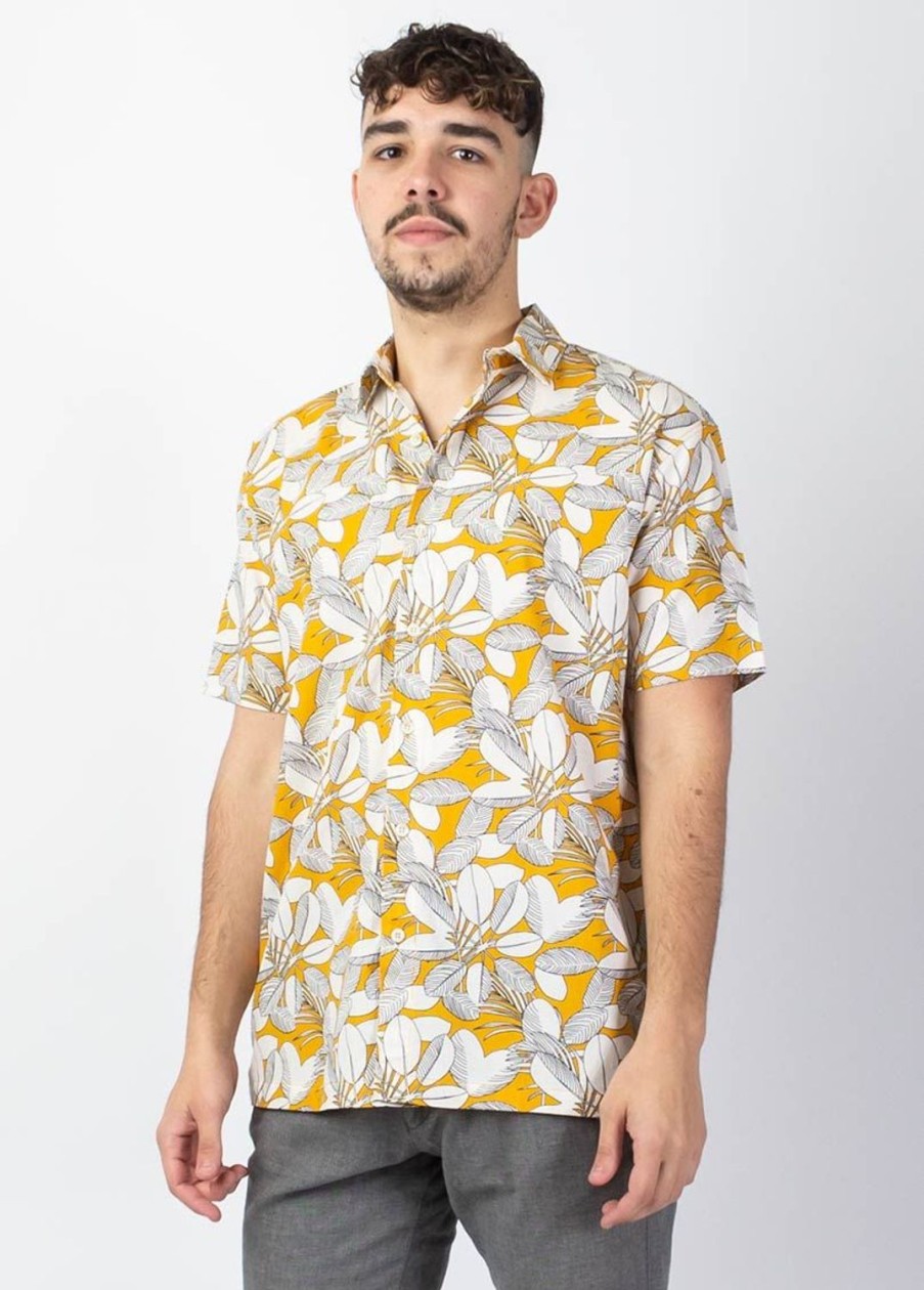 Homme Coton Du Monde | Chemise Homme Manches Courtes Lorenzo Imprime Jungle Jaune