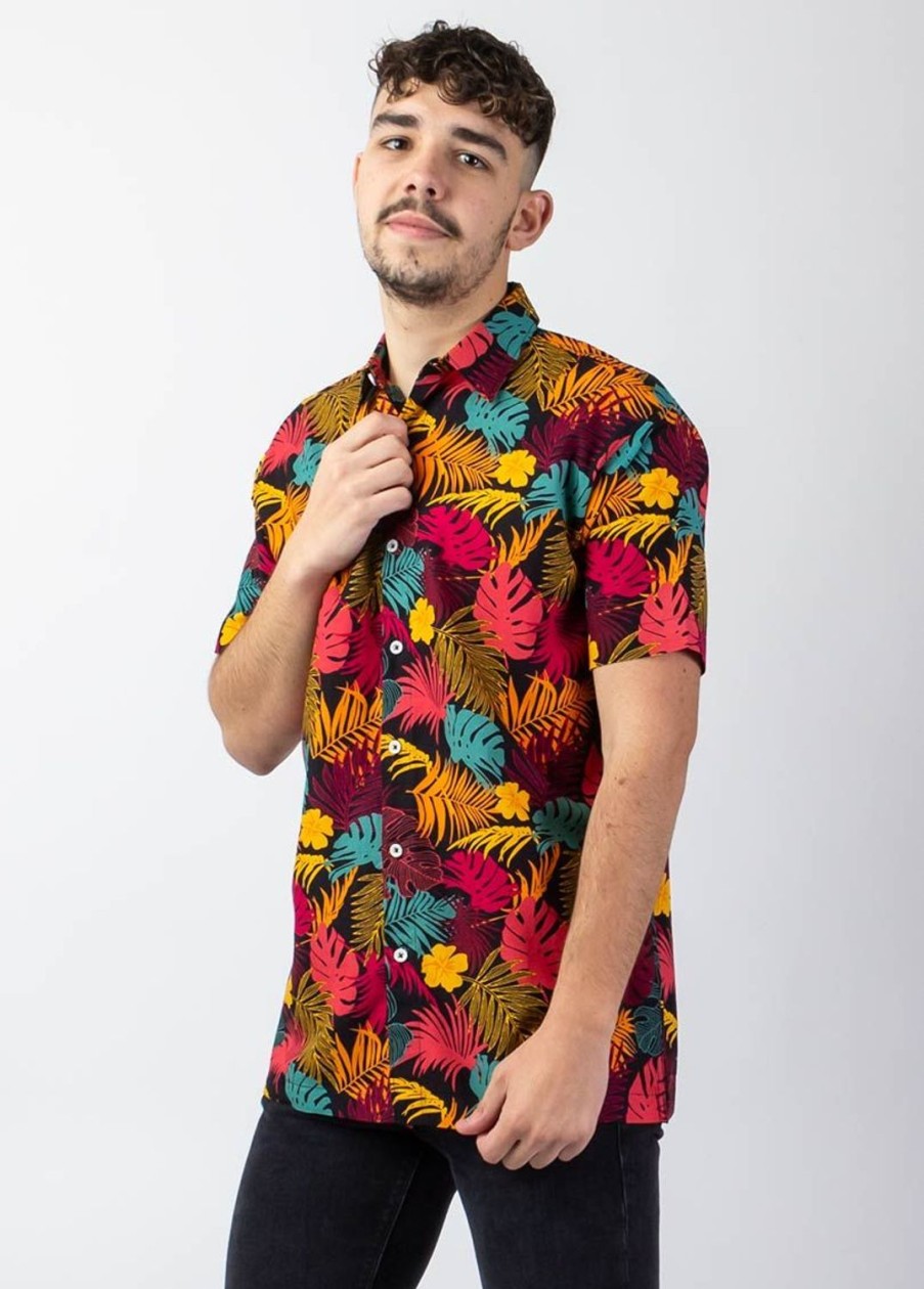 Homme Coton Du Monde | Chemise Homme Manches Courtes Lorenzo Imprime Tropical Orange Palme Orange