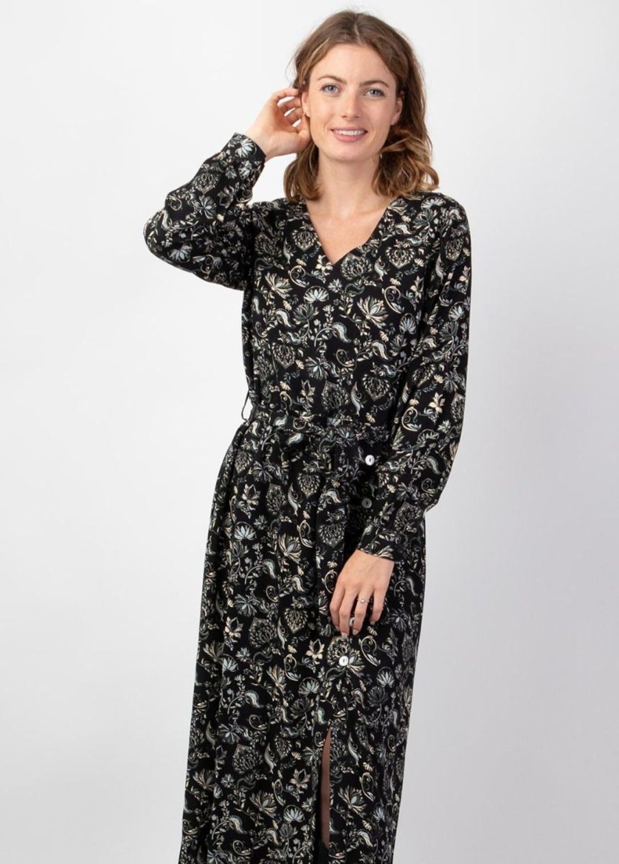 Femme Coton Du Monde | Robe Longue Hiver En Twill De Viscose Gaya Motif Ethnique Noir Orient