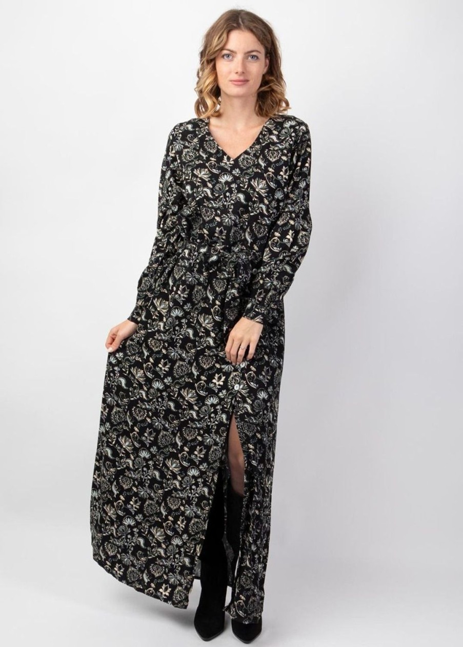 Femme Coton Du Monde | Robe Longue Hiver En Twill De Viscose Gaya Motif Ethnique Noir Orient