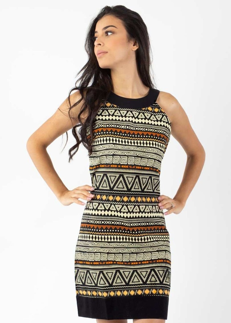 Femme Coton Du Monde | Robe Courte En Coton Cecilia Col Rond Imprime Ethnique Tribal