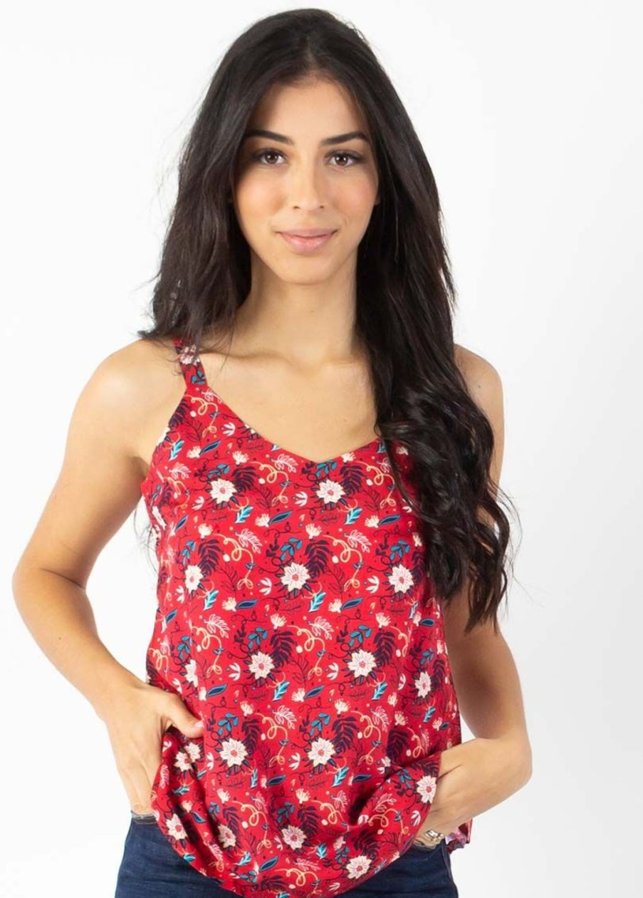 Femme Coton Du Monde | Top Fines Bretelles Anae Fleuri Rouge Spring Flowers