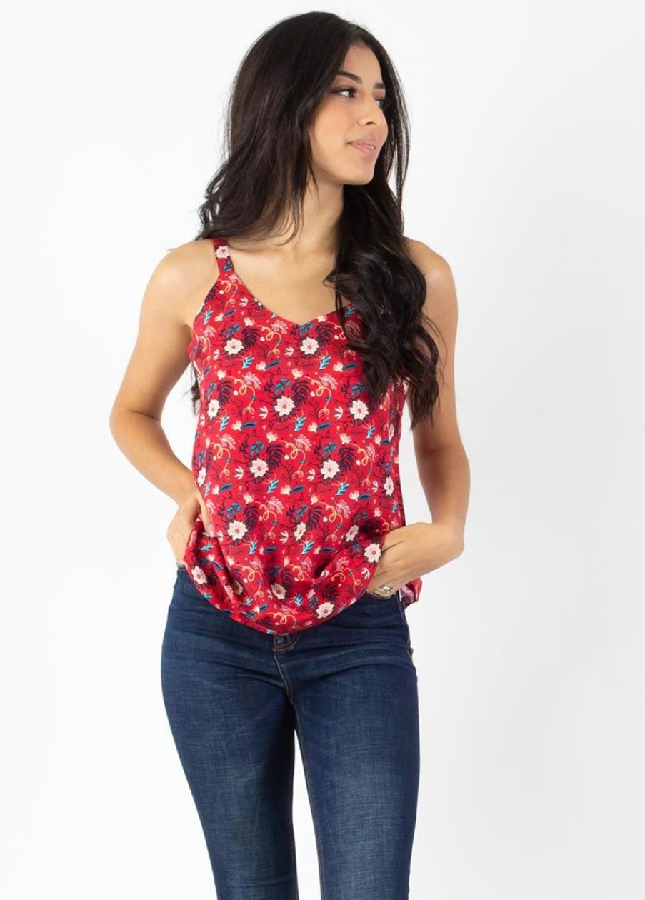 Femme Coton Du Monde | Top Fines Bretelles Anae Fleuri Rouge Spring Flowers