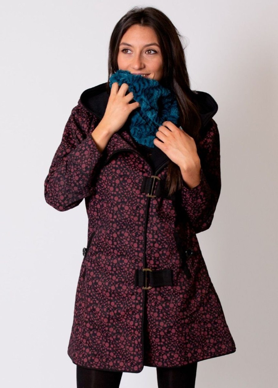 Femme Coton Du Monde | Manteau Double Polaire Olenio Fleuri Bordeaux