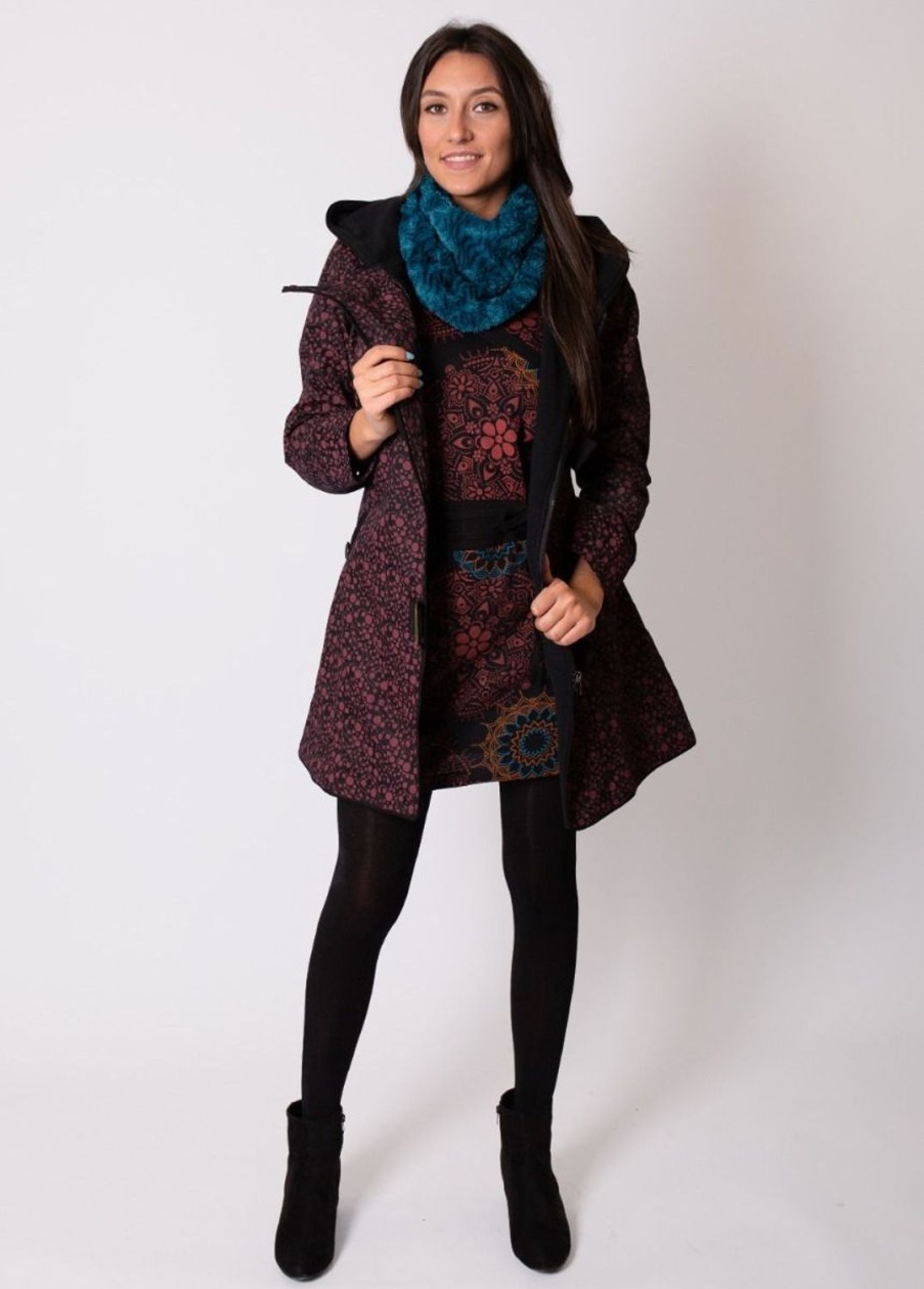 Femme Coton Du Monde | Manteau Double Polaire Olenio Fleuri Bordeaux