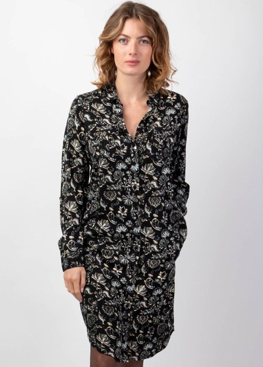 Femme Coton Du Monde | Robe Midi Hiver Manches Longues Macha Motif Ethnique Noir Orient