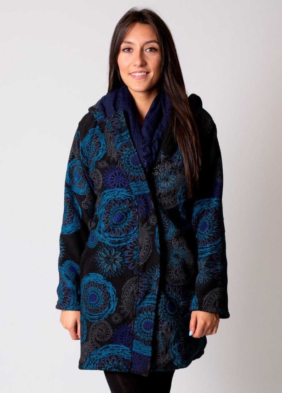 Femme Coton Du Monde | Manteau Veste Polaire Lasto Ethnique Bleu