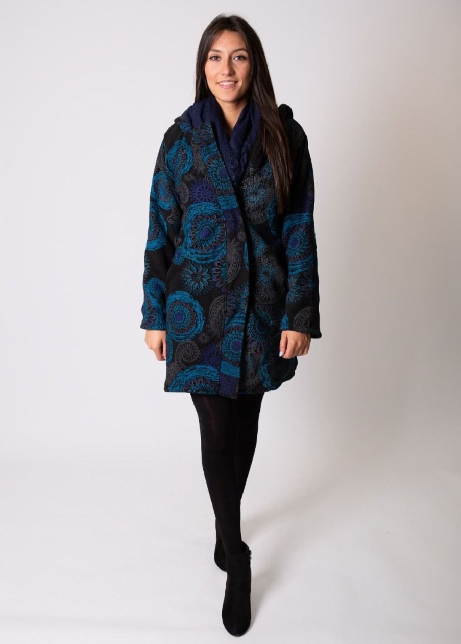 Femme Coton Du Monde | Manteau Veste Polaire Lasto Ethnique Bleu