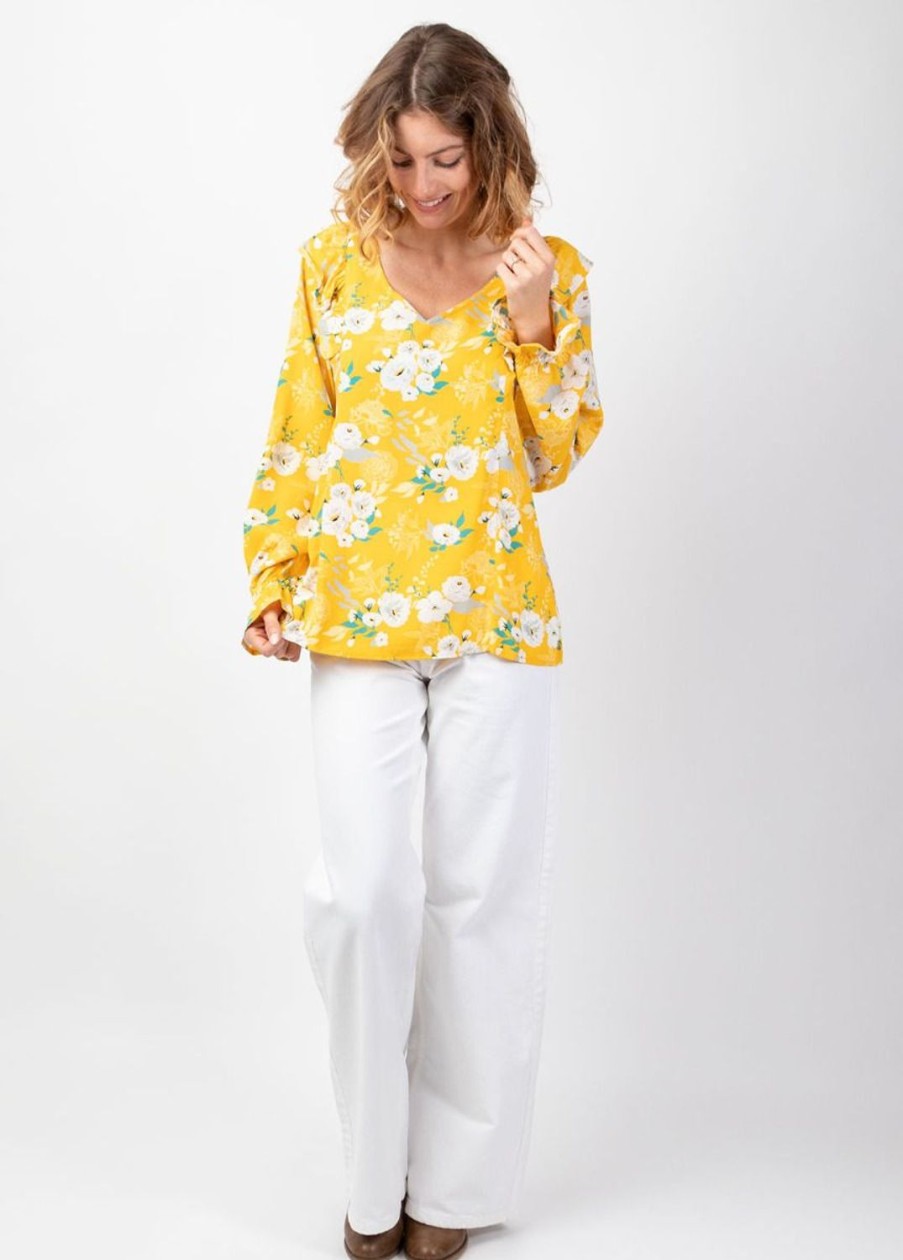 Femme Coton Du Monde | Top Manches Longues En Viscose Cassiopee Imprime Fleuri Lumineux Jaune Bouquet Jaune