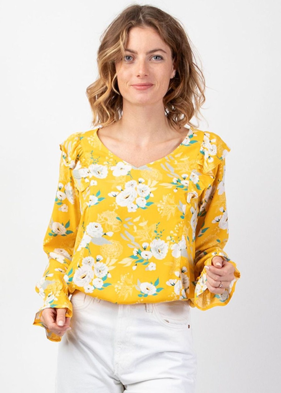 Femme Coton Du Monde | Top Manches Longues En Viscose Cassiopee Imprime Fleuri Lumineux Jaune Bouquet Jaune