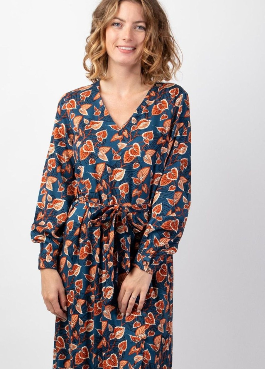 Femme Coton Du Monde | Robe Longue Hiver En Twill De Viscose Gaya Motif Fleuri Bleu Tylia