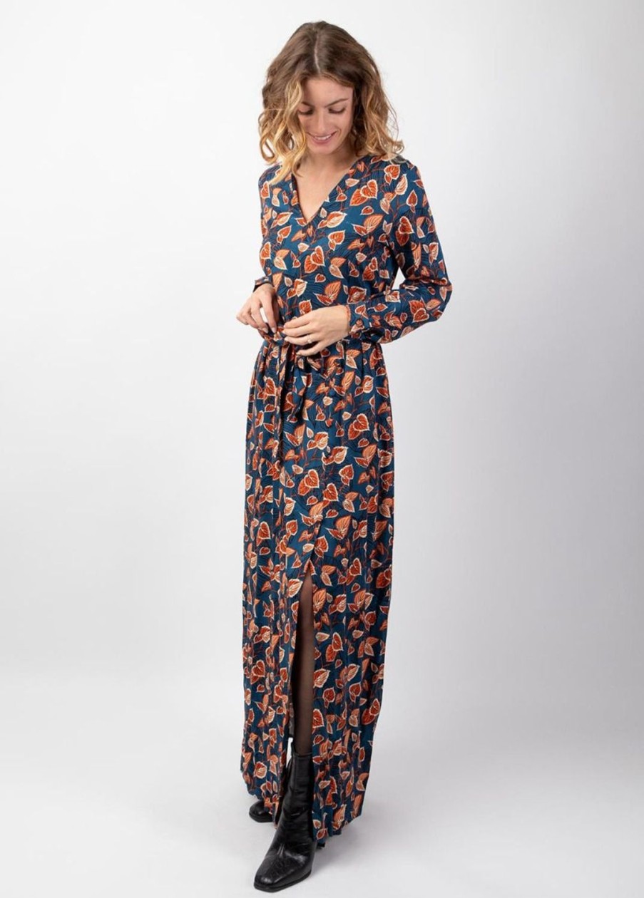 Femme Coton Du Monde | Robe Longue Hiver En Twill De Viscose Gaya Motif Fleuri Bleu Tylia