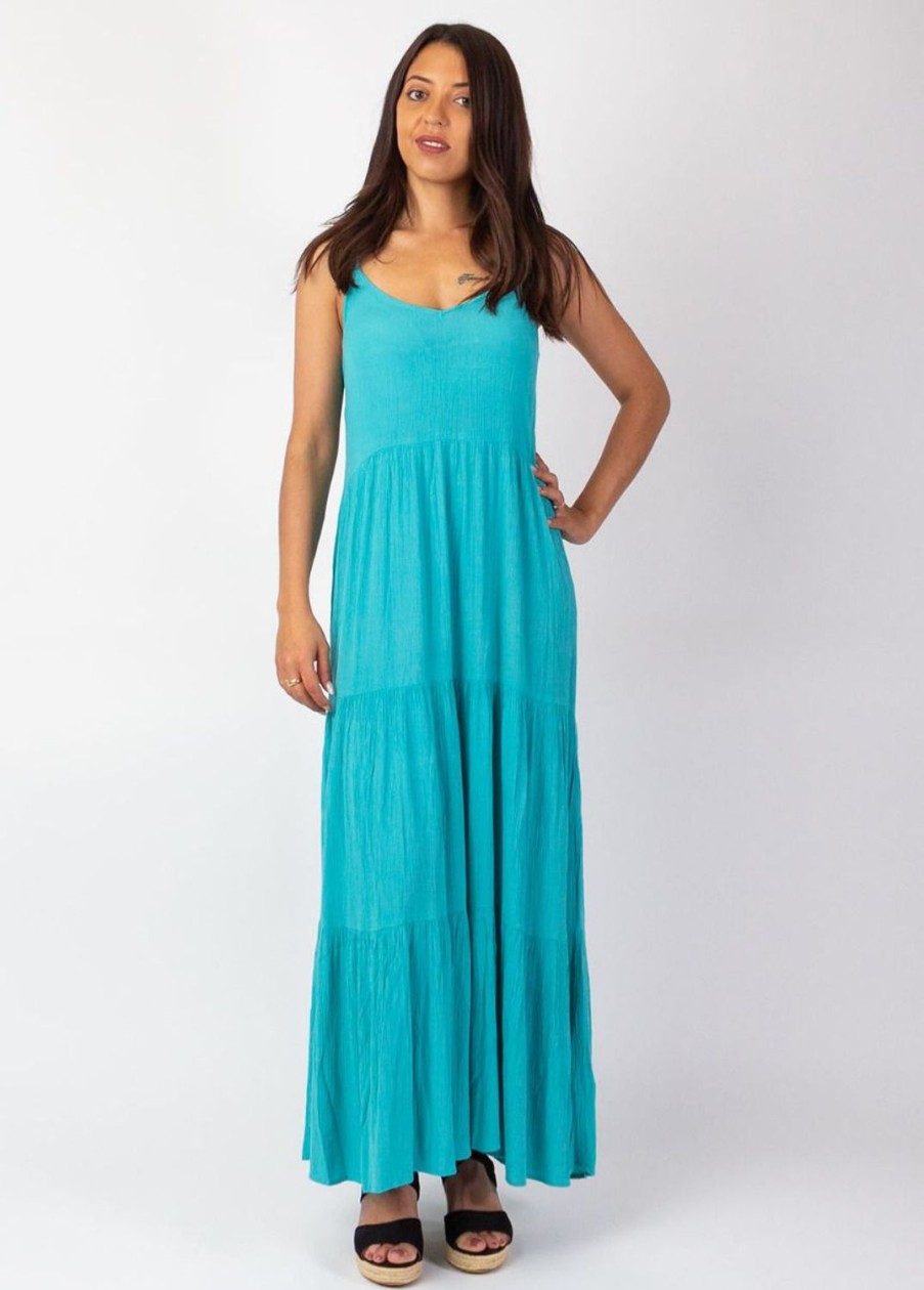 Femme Coton Du Monde | Robe Longue Unie Fines Bretelles Torsadees Monica Turquoise