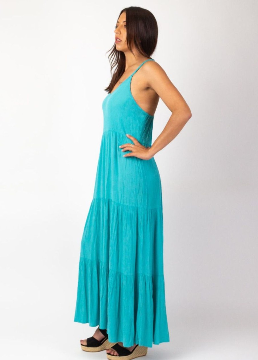 Femme Coton Du Monde | Robe Longue Unie Fines Bretelles Torsadees Monica Turquoise